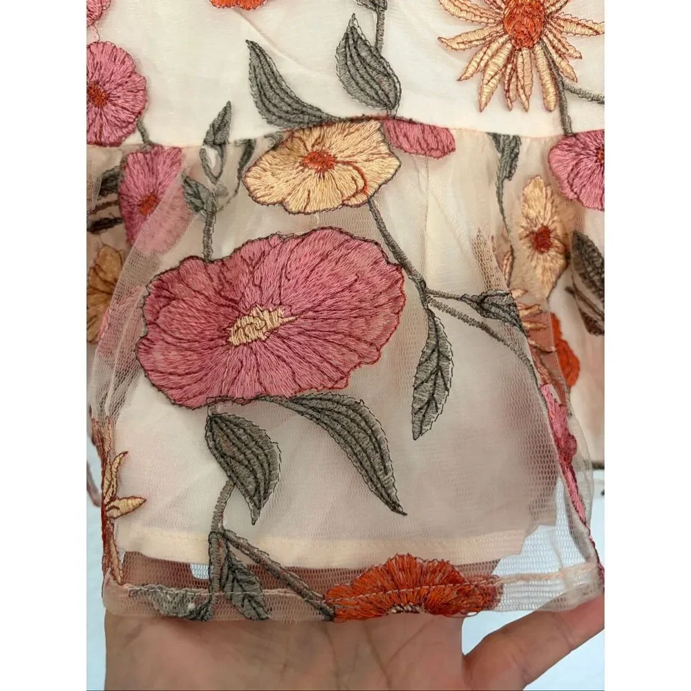 Saltwater Luxe Floral Embroidered Cropped Peplum Top in Beige Multi Size L